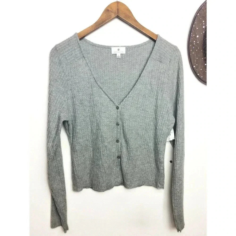 Socialite Womens Size Large Cardigan Top Button Front‎ Ribbed Cropped Gray